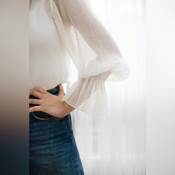 Women’s WOMANCE beige sheer puff sleeves “Crepe” fabric blouse size small - Picture 4 of 11